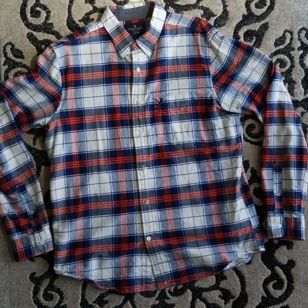 🤩Blue/Orange/White Button Down Shirt By AEO.🤩